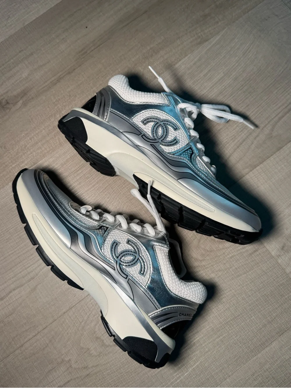 CHANEL Metallic Blue and White CC Logo Racing Sneakers